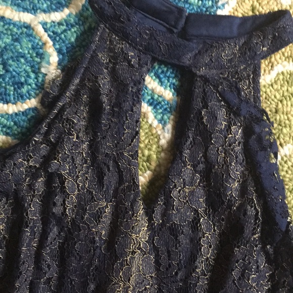 Francesca’s off the shoulder navy&gold lace dress - Picture 2 of 5